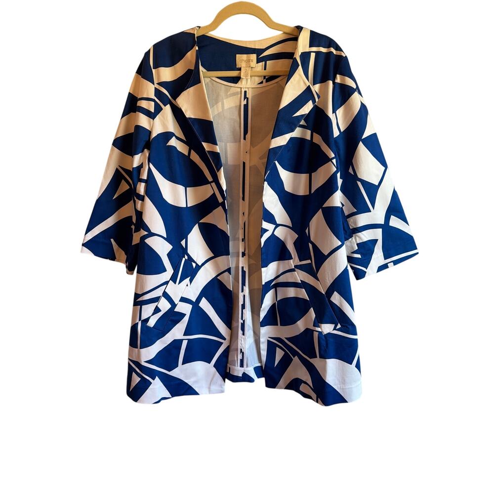 Chico's Royal Blue & White Abstract Print Open Front Jacket | Size 2/US L